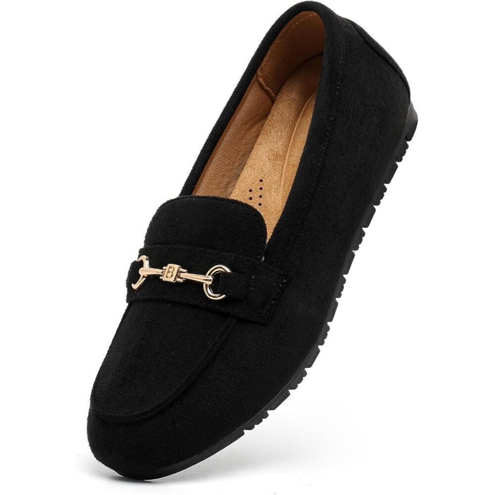 Women's Black Fabric Arch Support Casual Slip on Buckle Comfort Penny Loafers
